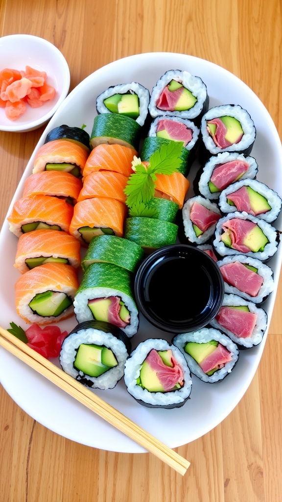 Platter of colorful homemade sushi rolls with soy sauce, pickled ginger, and wasabi.